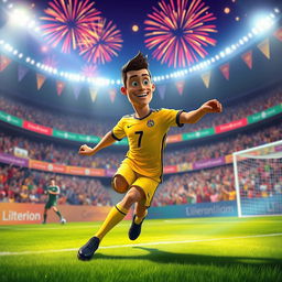 An animated scene featuring a dynamic portrayal of Cristiano Ronaldo in a vibrant soccer stadium