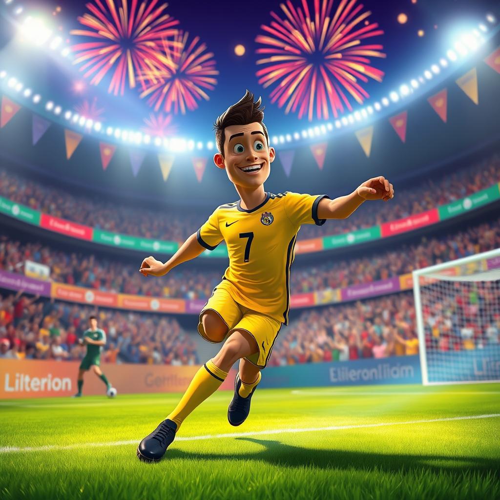 An animated scene featuring a dynamic portrayal of Cristiano Ronaldo in a vibrant soccer stadium