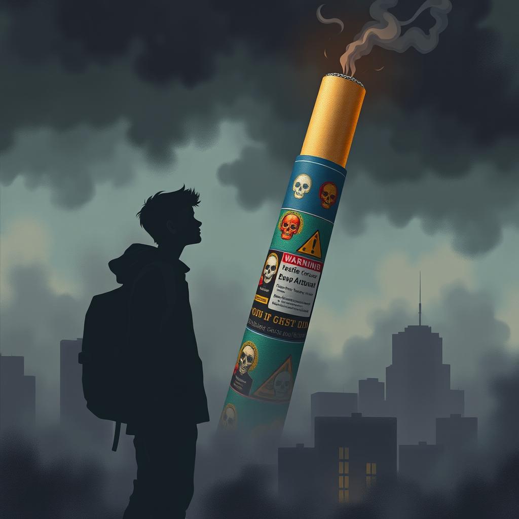 A thought-provoking illustration depicting a cigarette designed in a visually striking way, towering ominously over a silhouette of a teenager in a cityscape setting