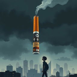 A thought-provoking illustration depicting a cigarette designed in a visually striking way, towering ominously over a silhouette of a teenager in a cityscape setting