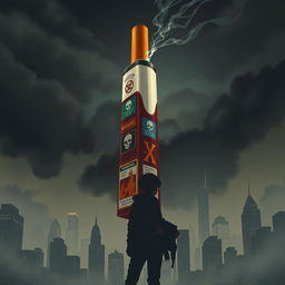 A thought-provoking illustration depicting a cigarette designed in a visually striking way, towering ominously over a silhouette of a teenager in a cityscape setting