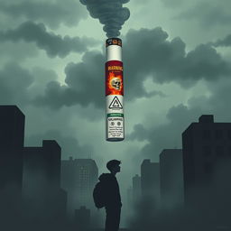 A thought-provoking illustration depicting a cigarette designed in a visually striking way, towering ominously over a silhouette of a teenager in a cityscape setting