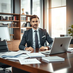 A male auditor confidently sitting behind a large, modern executive desk in a corporate office environment, surrounded by financial documents and a laptop
