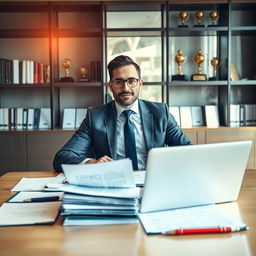 A male auditor confidently sitting behind a large, modern executive desk in a corporate office environment, surrounded by financial documents and a laptop