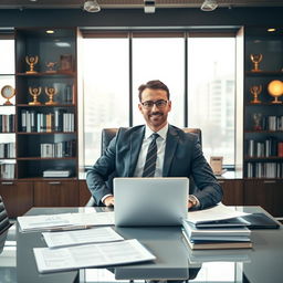 A male auditor confidently sitting behind a large, modern executive desk in a corporate office environment, surrounded by financial documents and a laptop