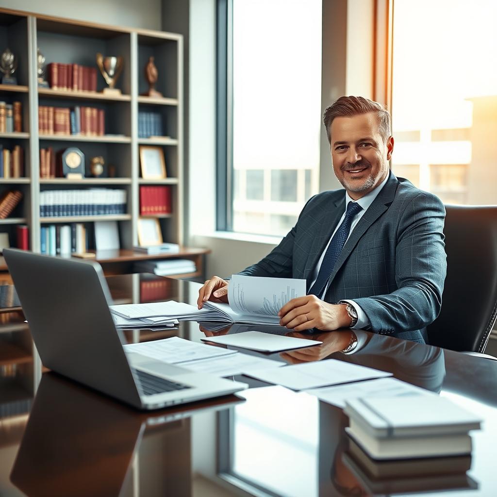 A male auditor confidently sitting behind a large, modern executive desk in a corporate office environment, surrounded by financial documents and a laptop