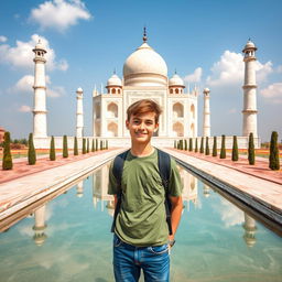 A 17-year-old boy standing proudly in front of the Taj Mahal, showcasing intricate details of the majestic white marble mausoleum with its stunning domes and minarets