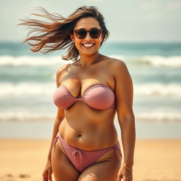 A sun-tanned, voluptuous 41-year-old woman wearing a bikini, exuding confidence and charm at a beach