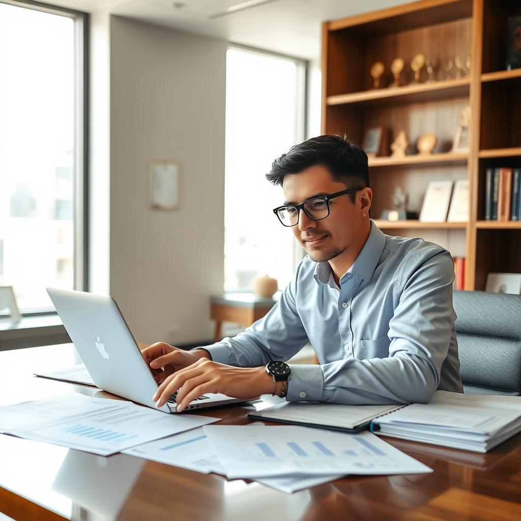 A young male auditor, wearing a long-sleeved shirt and glasses, is diligently conducting an audit in a modern office environment