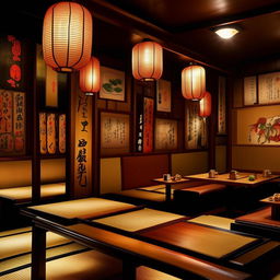 A quaint and cozy Japanese restaurant with warm lantern lighting illuminating an array of sushi plates, traditional tatami mats, and Japanese artwork adorning the walls.