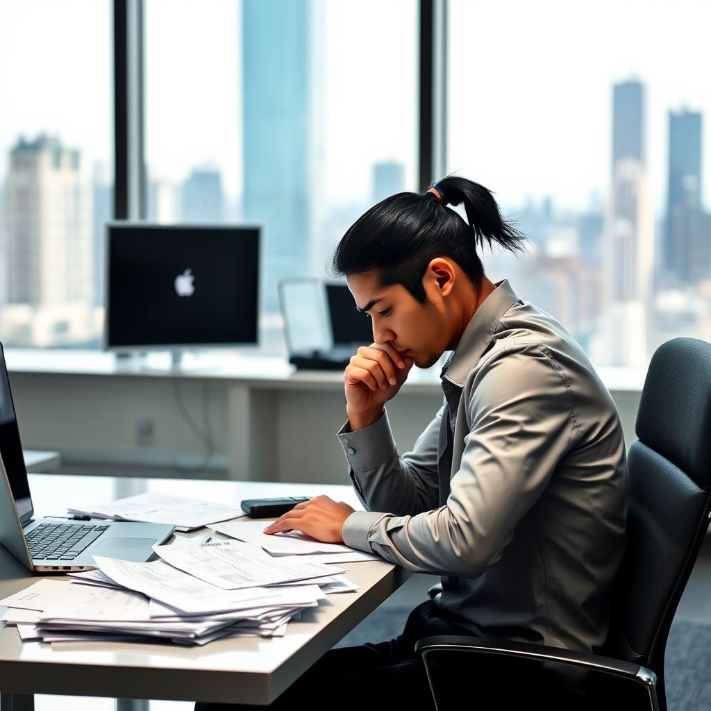 A young man with long black hair tied in a ponytail, dressed in a formal long-sleeved shirt, deeply focused on his work at a modern office setting