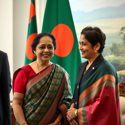 A portrait of a charming and dignified scene featuring Sheikh Hasina, the Prime Minister of Bangladesh, in a formal setting