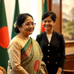 A portrait of a charming and dignified scene featuring Sheikh Hasina, the Prime Minister of Bangladesh, in a formal setting