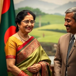 A portrait of a charming and dignified scene featuring Sheikh Hasina, the Prime Minister of Bangladesh, in a formal setting