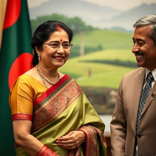 A portrait of a charming and dignified scene featuring Sheikh Hasina, the Prime Minister of Bangladesh, in a formal setting