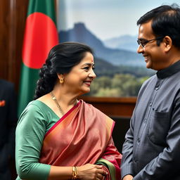 A portrait of a charming and dignified scene featuring Sheikh Hasina, the Prime Minister of Bangladesh, in a formal setting