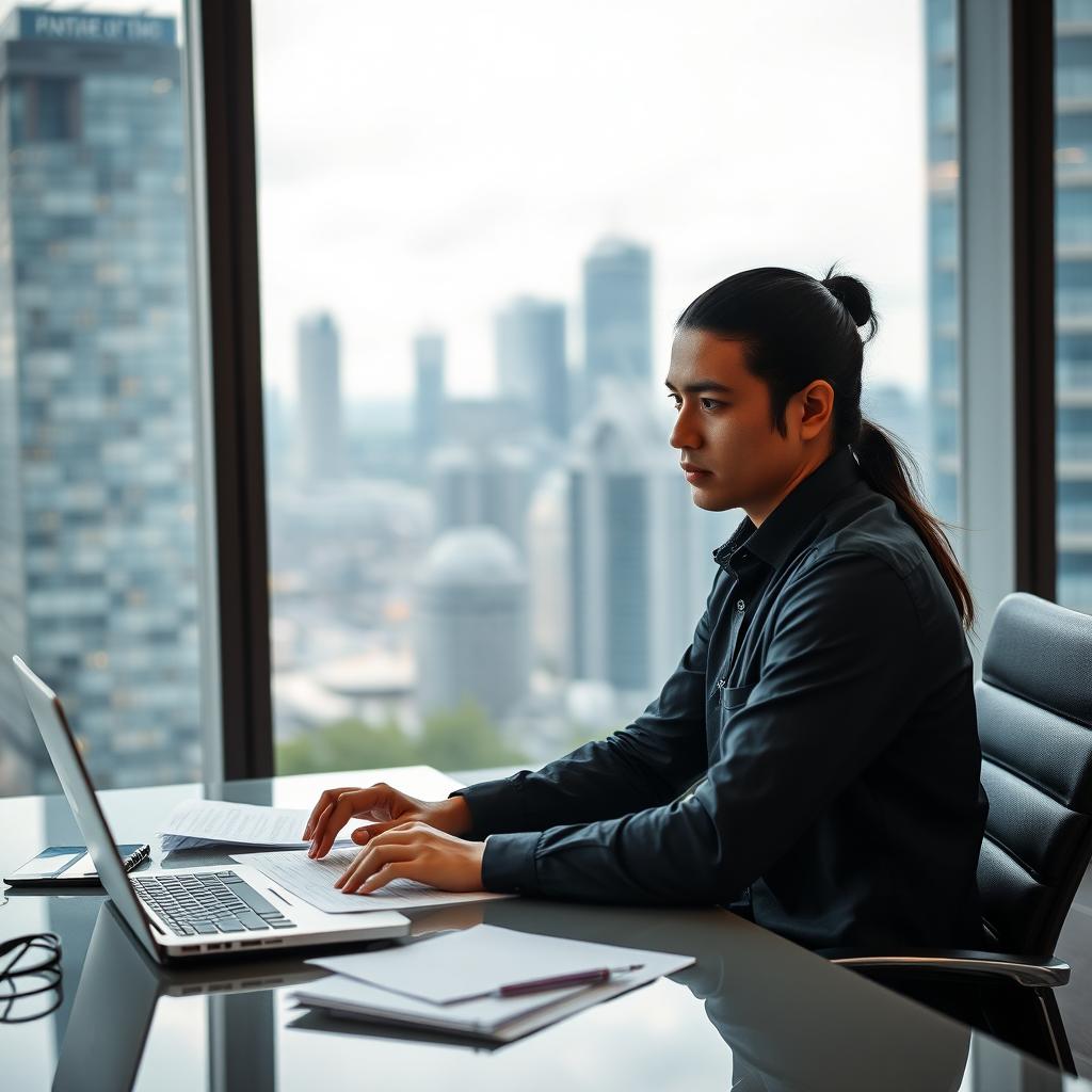 A young man with long black hair tied in a ponytail, dressed in a formal long-sleeved shirt, diligently working on an audit at a modern corporate office