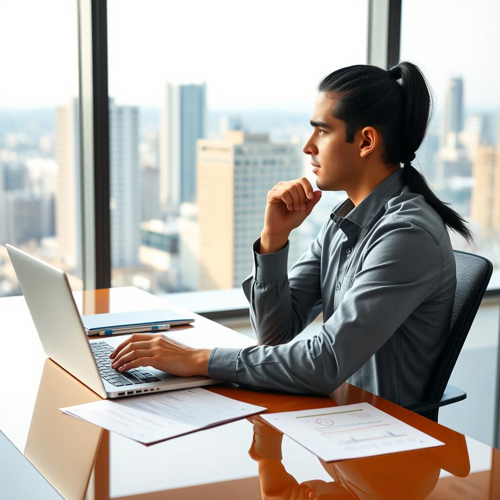 A young man with long black hair tied in a ponytail, wearing a crisp long-sleeved shirt, is intently engaged in auditing tasks at a modern corporate office