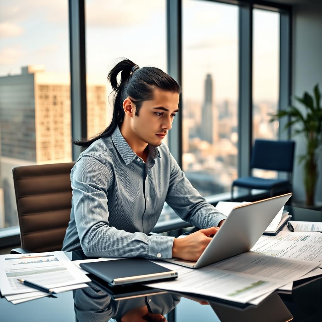 A young man with long black hair stylishly tied in a ponytail, dressed in a crisp long-sleeved shirt, is actively engaged in auditing tasks at a contemporary corporate office