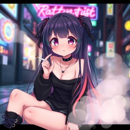A cute anime girl with long colorful hair, sitting in a relaxed pose while smoking a cigarette