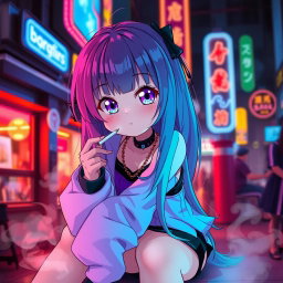A cute anime girl with long colorful hair, sitting in a relaxed pose while smoking a cigarette