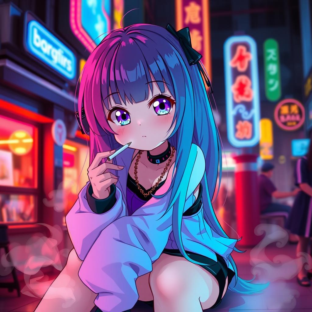 A cute anime girl with long colorful hair, sitting in a relaxed pose while smoking a cigarette