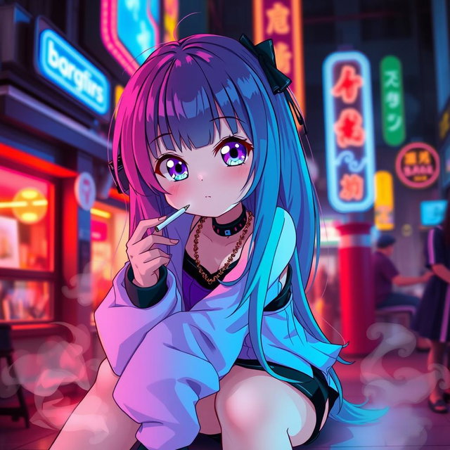 A cute anime girl with long colorful hair, sitting in a relaxed pose while smoking a cigarette