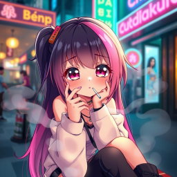 A cute anime girl with long colorful hair, sitting in a relaxed pose while smoking a cigarette