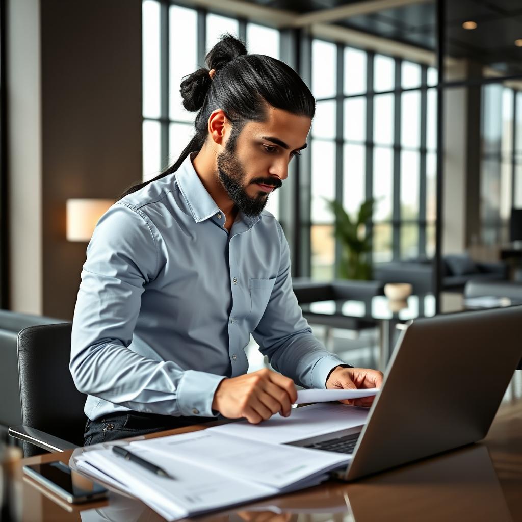A young man with long black hair tied in a ponytail and a short beard, dressed in a crisp long-sleeved shirt, focused on conducting an audit within a modern office