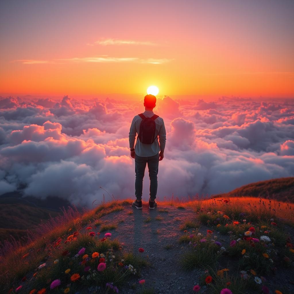 A lone figure standing atop a vibrant, rainbow-colored hill, gazing into the vast horizon filled with fluffy clouds and a brilliant sunset in the background