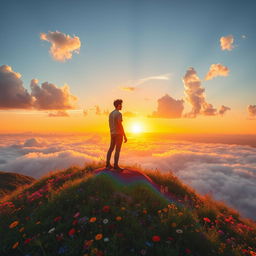 A lone figure standing atop a vibrant, rainbow-colored hill, gazing into the vast horizon filled with fluffy clouds and a brilliant sunset in the background