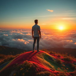 A lone figure standing atop a vibrant, rainbow-colored hill, gazing into the vast horizon filled with fluffy clouds and a brilliant sunset in the background