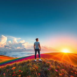 A lone figure standing atop a vibrant, rainbow-colored hill, gazing into the vast horizon filled with fluffy clouds and a brilliant sunset in the background