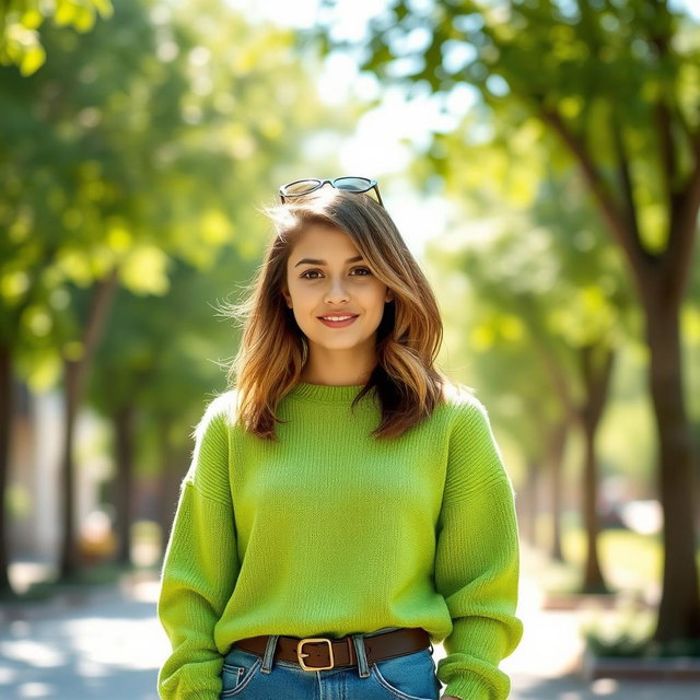 A person wearing a vibrant green sweater, standing confidently with their hair styled in a trendy and youthful manner