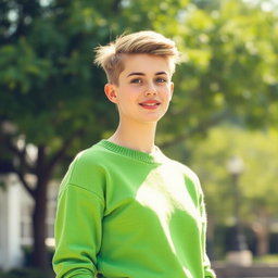 A person wearing a vibrant green sweater, standing confidently with their hair styled in a trendy and youthful manner