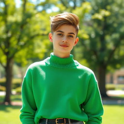 A person wearing a vibrant green sweater, standing confidently with their hair styled in a trendy and youthful manner