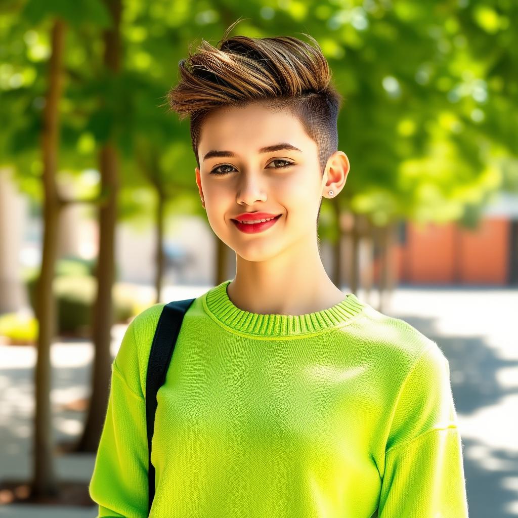 A person wearing a vibrant green sweater, standing confidently with their hair styled in a trendy and youthful manner