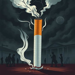 A dramatic illustration of a cigarette, representing the dangers it poses to teenagers, surrounded by dark, ominous clouds and shadowy figures symbolizing the negative impacts of smoking