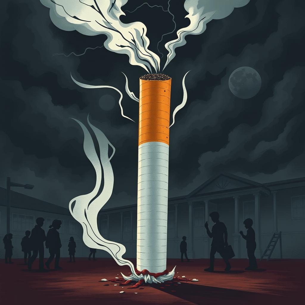 A dramatic illustration of a cigarette, representing the dangers it poses to teenagers, surrounded by dark, ominous clouds and shadowy figures symbolizing the negative impacts of smoking