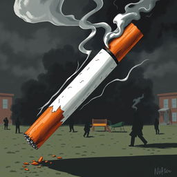 A dramatic illustration of a cigarette, representing the dangers it poses to teenagers, surrounded by dark, ominous clouds and shadowy figures symbolizing the negative impacts of smoking