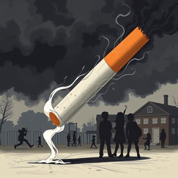 A dramatic illustration of a cigarette, representing the dangers it poses to teenagers, surrounded by dark, ominous clouds and shadowy figures symbolizing the negative impacts of smoking