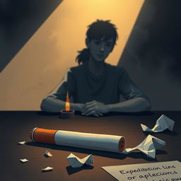 A dramatic and thought-provoking illustration depicting a close-up of a cigarette resting on a table, with a shadow in the background of a young person who appears pensive and troubled