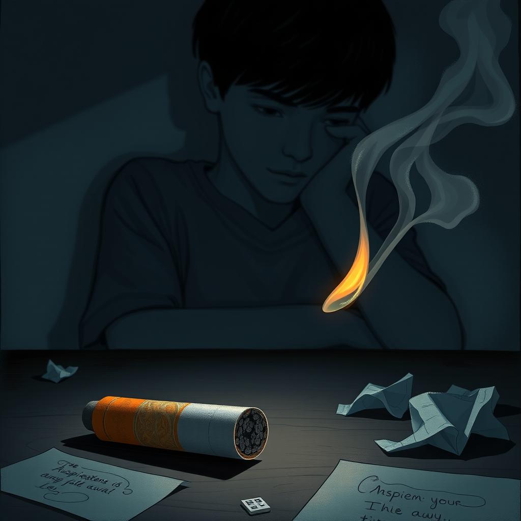 A dramatic and thought-provoking illustration depicting a close-up of a cigarette resting on a table, with a shadow in the background of a young person who appears pensive and troubled