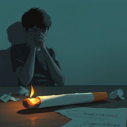 A dramatic and thought-provoking illustration depicting a close-up of a cigarette resting on a table, with a shadow in the background of a young person who appears pensive and troubled