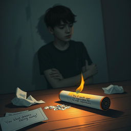 A dramatic and thought-provoking illustration depicting a close-up of a cigarette resting on a table, with a shadow in the background of a young person who appears pensive and troubled