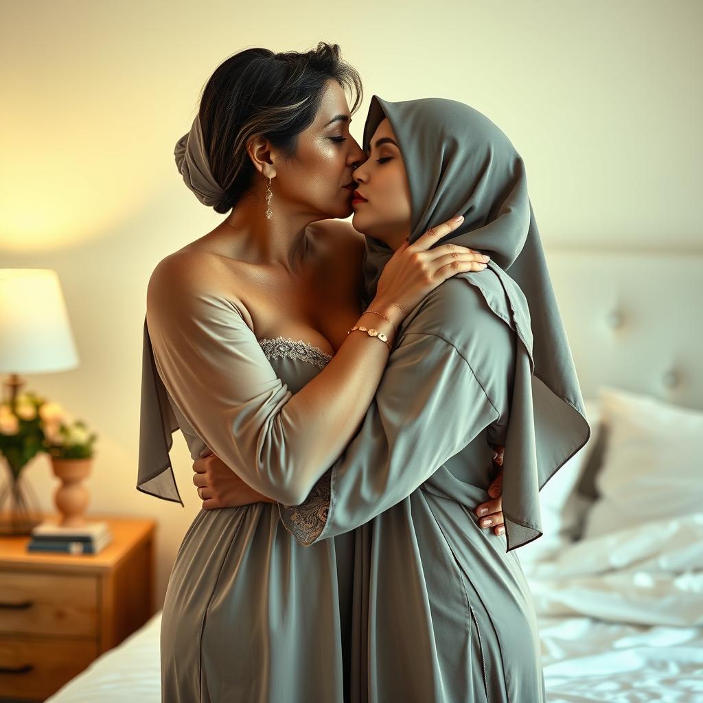 A beautiful and sensual scene featuring a 45-year-old woman of Indian descent with an elegant look, modestly dressed in a seductive nightgown