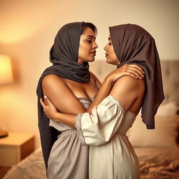 A beautiful and sensual scene featuring a 45-year-old woman of Indian descent with an elegant look, modestly dressed in a seductive nightgown