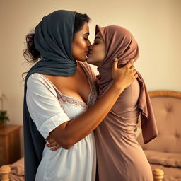 A beautiful and sensual scene featuring a 45-year-old woman of Indian descent with an elegant look, modestly dressed in a seductive nightgown