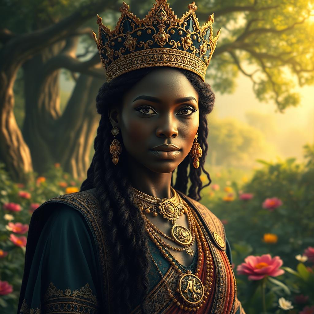A stunningly beautiful thick black queen, adorned in regal attire that reflects ancient royal elegance, with intricate gold jewelry and a majestic crown