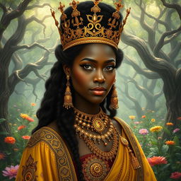 A stunningly beautiful thick black queen, adorned in regal attire that reflects ancient royal elegance, with intricate gold jewelry and a majestic crown